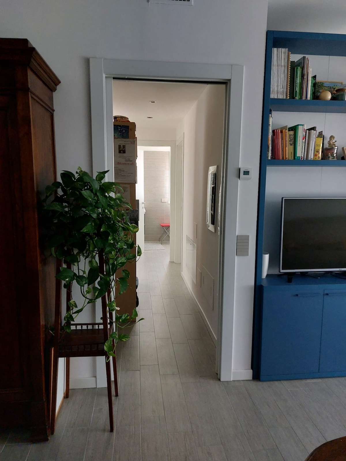 A hallway is visible, leading to a bright bathroom in the background. The walls are painted in light colours, and a potted plant is placed beside a wooden chair near the entrance. Bookshelves filled with items are seen on the right.