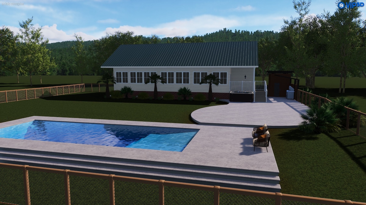An aerial view showcases a modern home with a landscaped yard. A heated saltwater pool extends alongside the patio, with seating arranged nearby. Lush greenery surrounds the property, contributing to a serene environment. The outdoor kitchen lies adjacent to the house, enhancing outdoor living options.