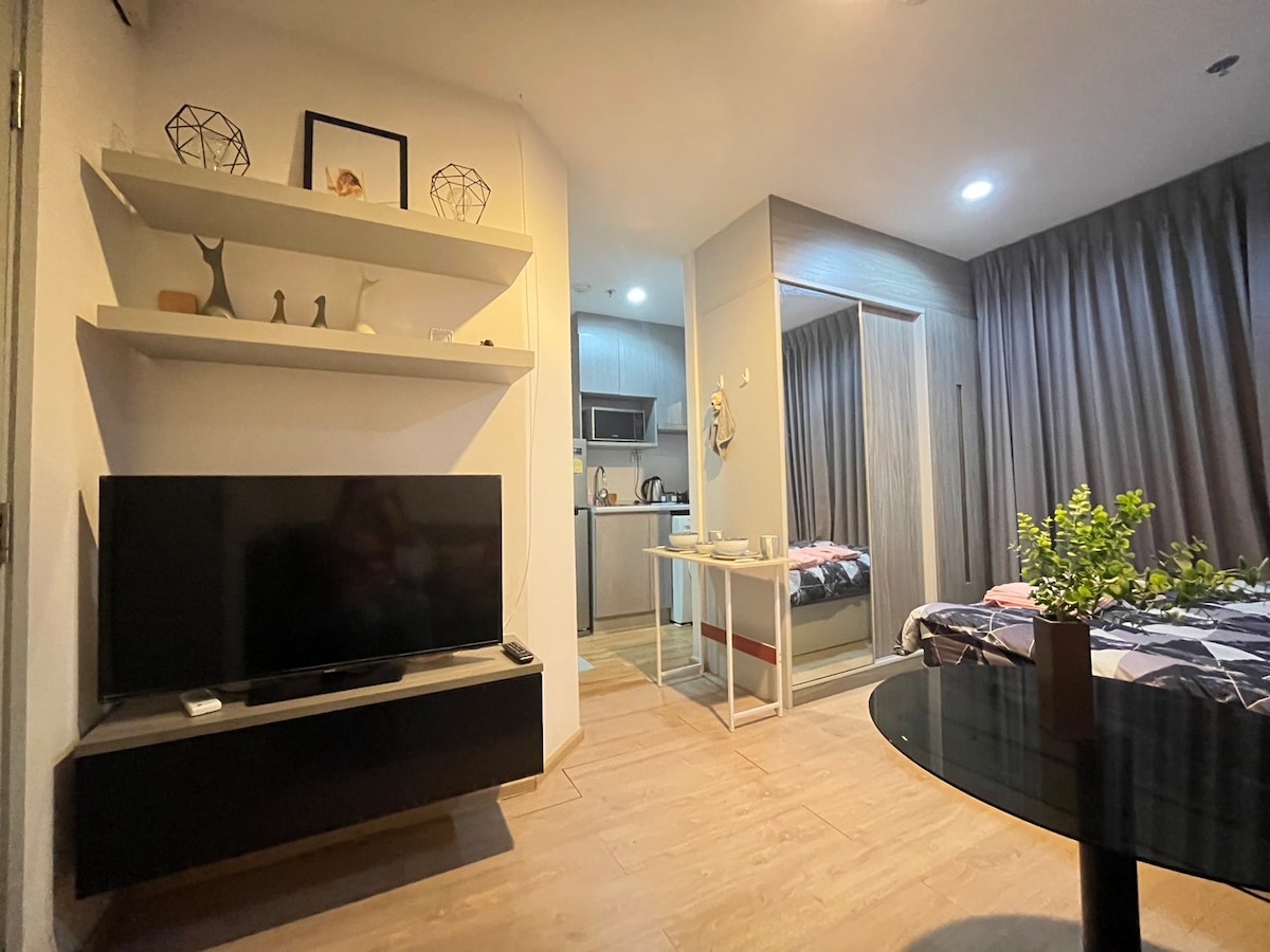 A modern living area features a sleek TV stand with a large television and decorative items on a shelf. A kitchen area is visible in the background, while a cozy sleeping space is partially separated by a sliding door. A small dining table stands beside a potted plant.