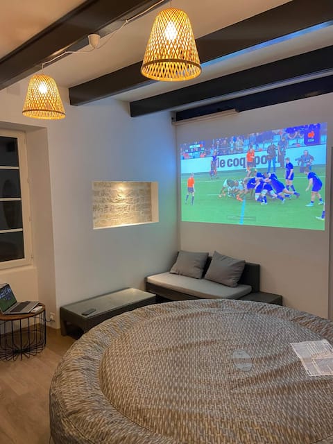 Stone house with hot tub