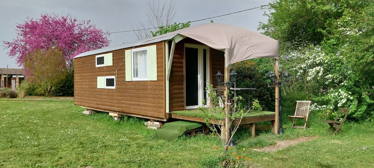 A wooden caravan is set on a grassy area, featuring a spacious deck and a covered entrance. Lush greenery surrounds the structure, while flowering trees add color to the landscape. A couple of outdoor chairs are positioned nearby, inviting relaxation.