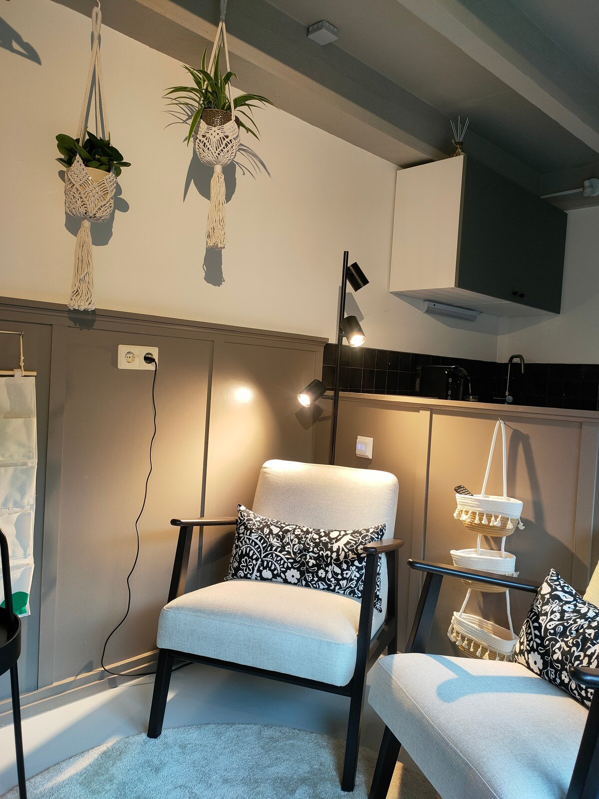 A cozy seating area is presented with two upholstered chairs featuring dark wooden frames. A small table is positioned nearby, illuminated by a stylish floor lamp. Wall-mounted plants in macramé holders add a touch of greenery, complementing the soft color palette.