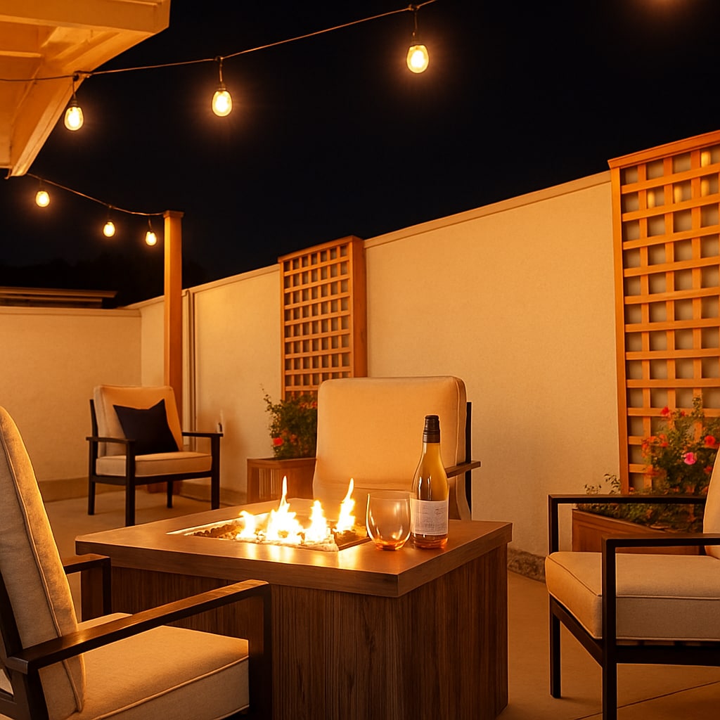 The private patio is illuminated by string lights, creating a cozy ambiance at night. A fire pit, centered on a wooden table, casts a warm glow. Comfortable seating is provided by two armchairs, accentuated by decorative pillows, with potted plants enhancing the serene environment.