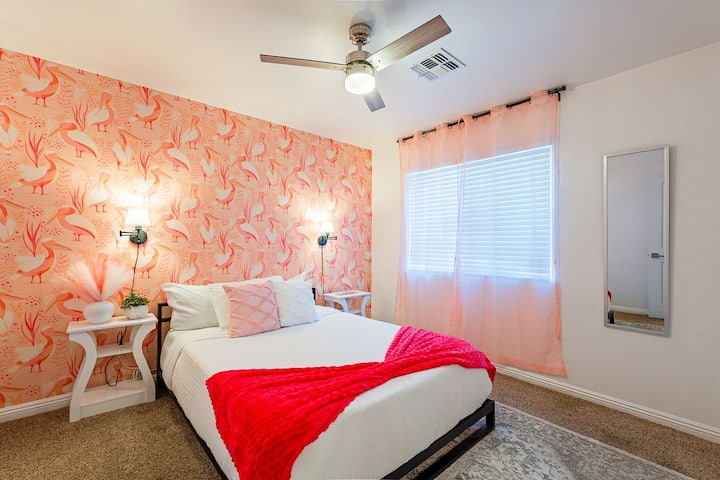 Flamingo dreams & rosy themes  This bold and cozy suite is perfect for the bride-to-be or anyone who needs their beauty sleep in style.