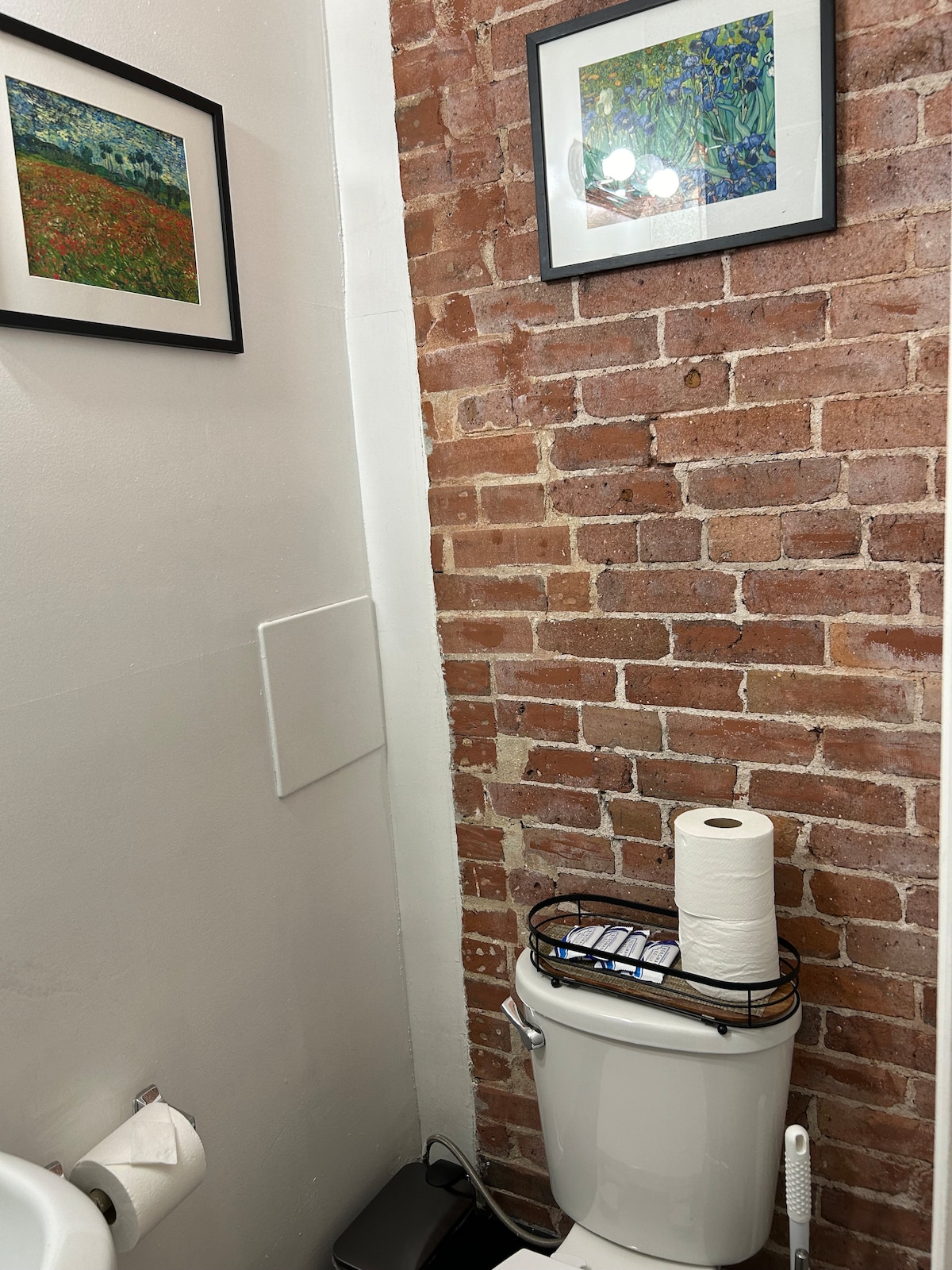 A bathroom corner is visible, featuring a toilet and a decorative basket with paper towels. Exposed brick walls provide a rustic feel, while two framed artworks add a pop of color. A white towel is neatly placed on the counter.