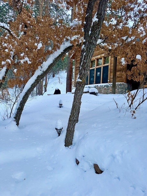A cabin exterior is surrounded by a snowy landscape, with snow-covered trees and soft drifts accentuating the natural setting. Warm wooden elements are visible, contrasting with the white snow. Outdoor lighting fixtures emerge from the blanket of snow, offering subtle illumination.