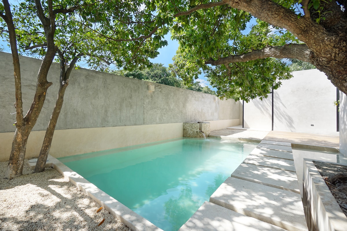 A serene pool area is surrounded by smooth stone pathways and two trees providing shade. The water shimmers in a light turquoise hue, while the walls are simple and grey, creating a calm and relaxing atmosphere.