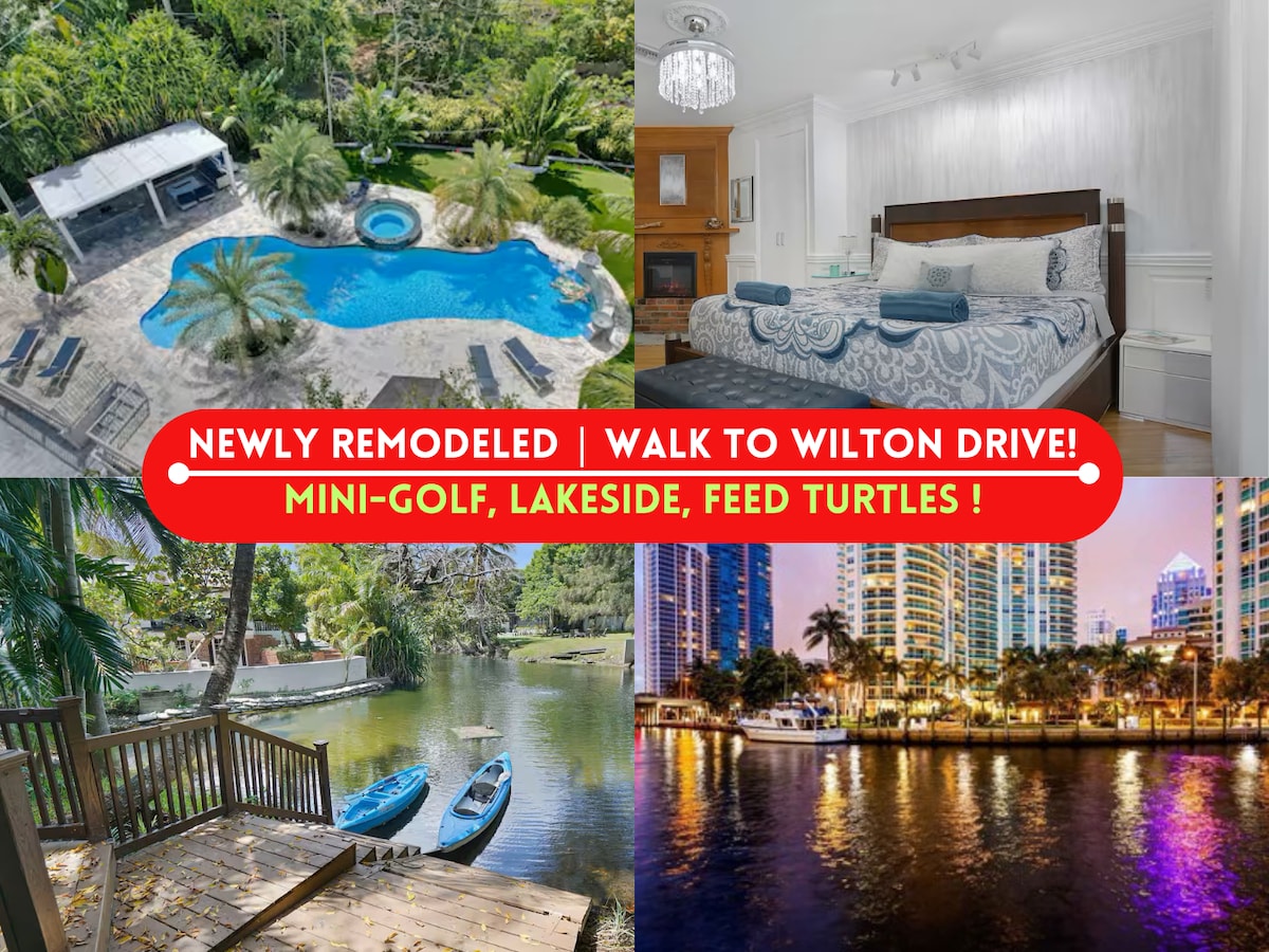 An aerial view displays a private pool surrounded by tropical landscaping. The spacious outdoor area features seating and an outdoor kitchen. A cozy bedroom is fitted with a stylish headboard and complemented by decorative pillows. A serene lake view showcases kayaks on the water, framed by lush greenery.