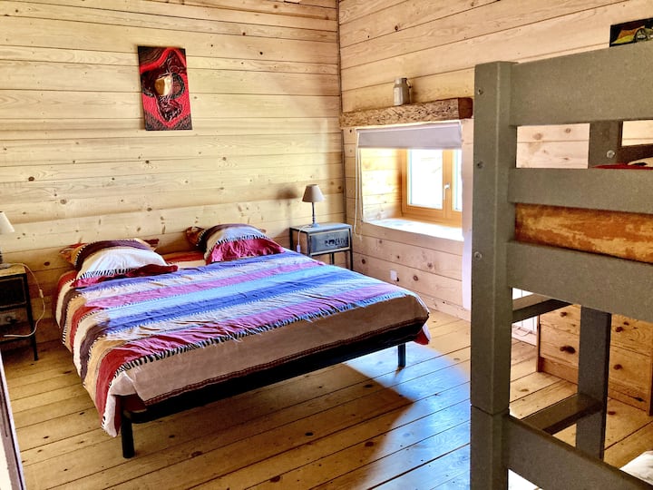 Bedroom 1 with a 160cm bed and bunk beds.