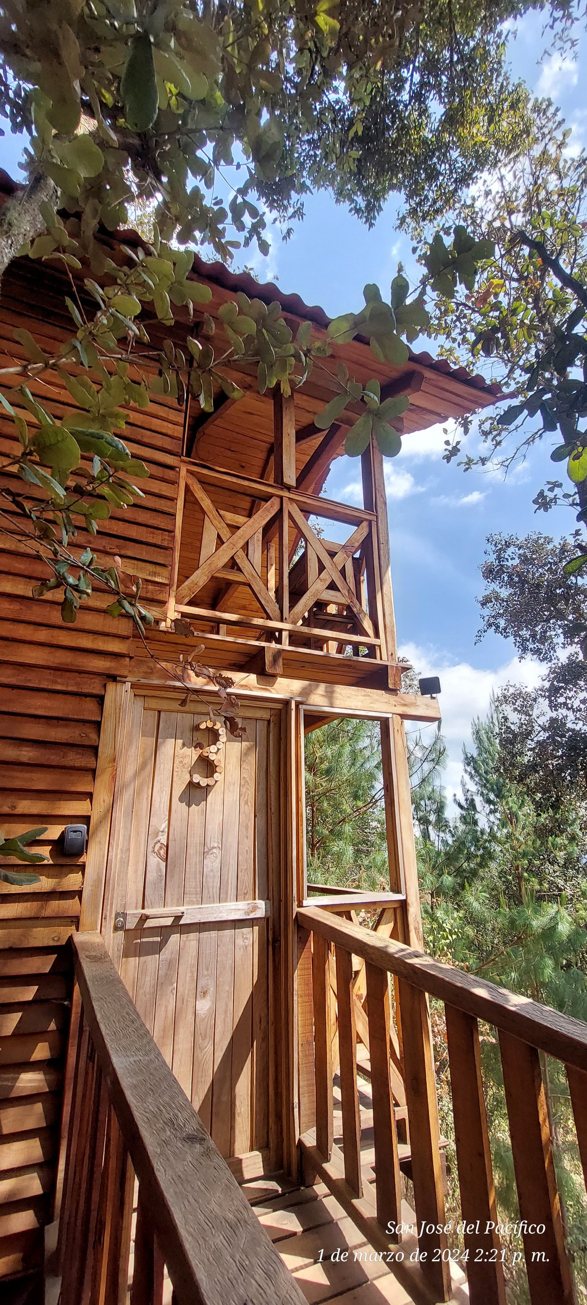 The wooden exterior of a cabin is framed by lush greenery, showcasing a spacious balcony with wooden railings. A solid door opens to the interior, and the upper level is highlighted by wooden beams and a simple design. Soft natural light filters through the trees.