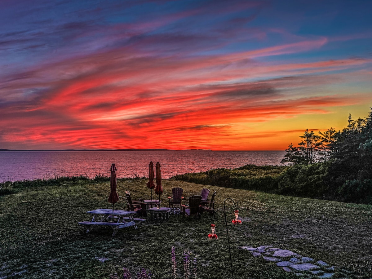A vibrant sunset casts an array of colors across the sky, reflected in the calm ocean waters. Outdoor seating areas with umbrellas are positioned on the grassy shore, surrounded by trees and open space, creating a serene coastal setting.