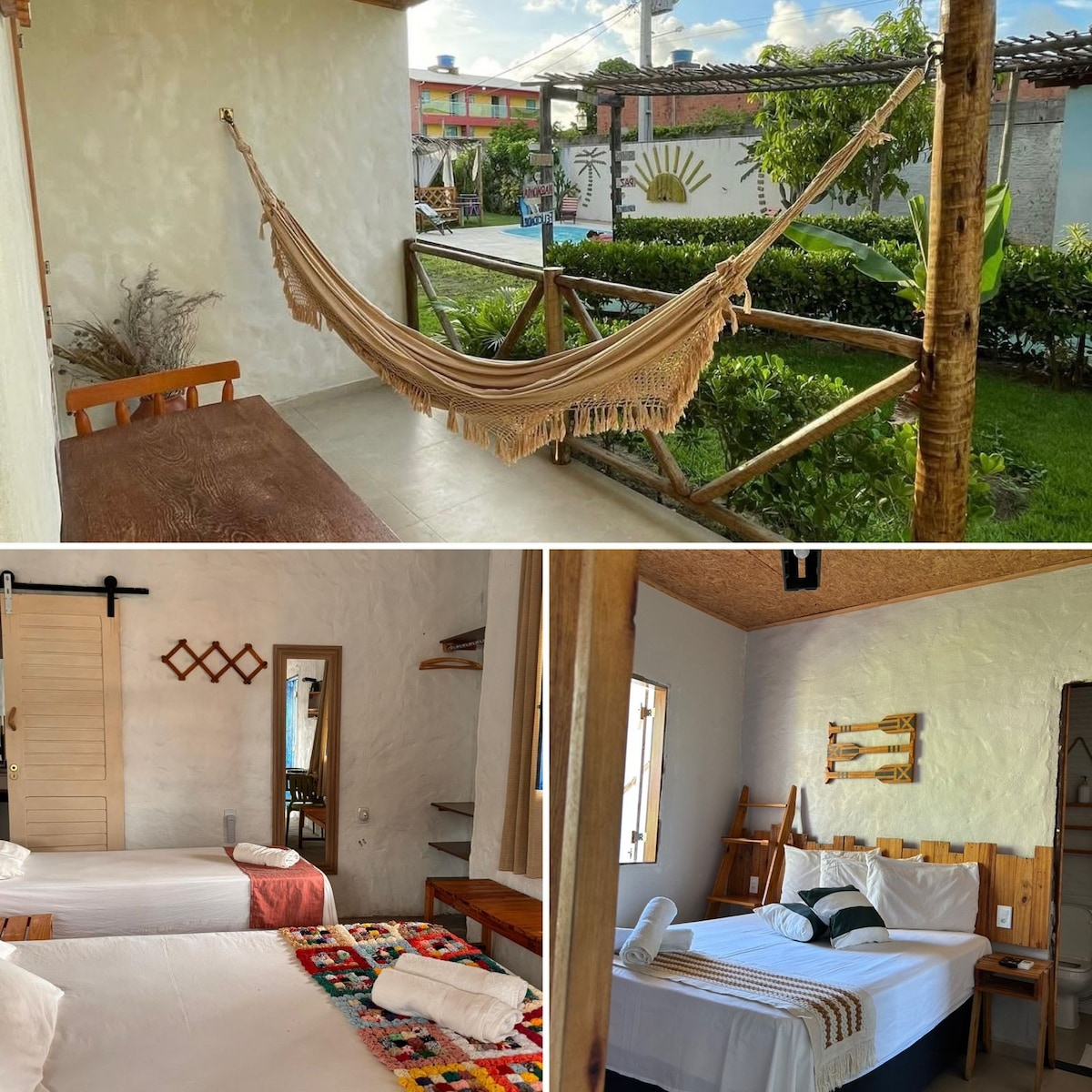 A cozy outdoor seating area is highlighted by a hammock hanging between two wooden posts, with a view of the surrounding green garden. Inside, the calm bedroom features two spacious beds, decorated with colorful blankets. Soft light filters through the windows.