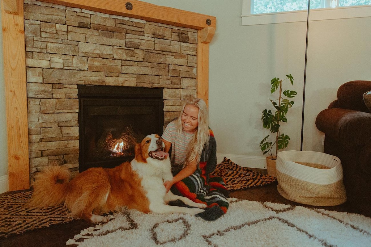 A cozy living area is highlighted by a stone fireplace, where a friendly dog is seated beside a person. A warm glow from the fireplace adds comfort, while a plush area rug and a potted plant enhance the inviting atmosphere.