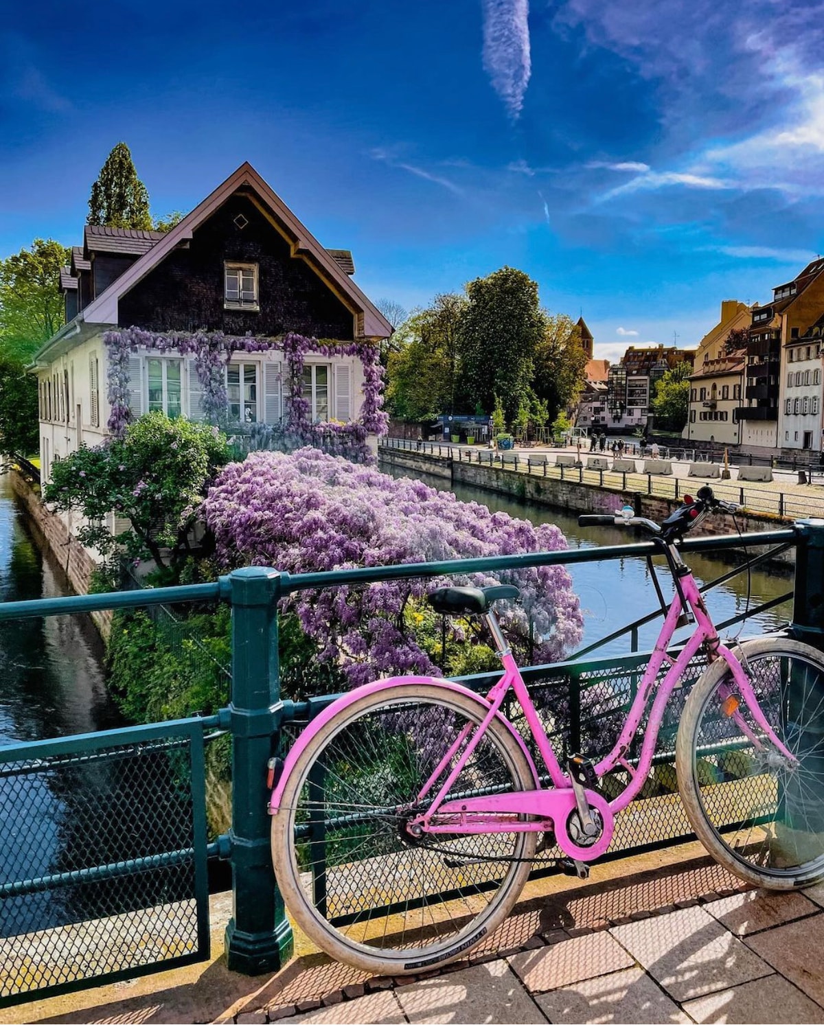 A pink bicycle is parked beside a railing overlooking a scenic canal. A charming building adorned with purple flora is visible across the water, framed by lush trees. The bright blue sky complements the vibrant colors of the setting.