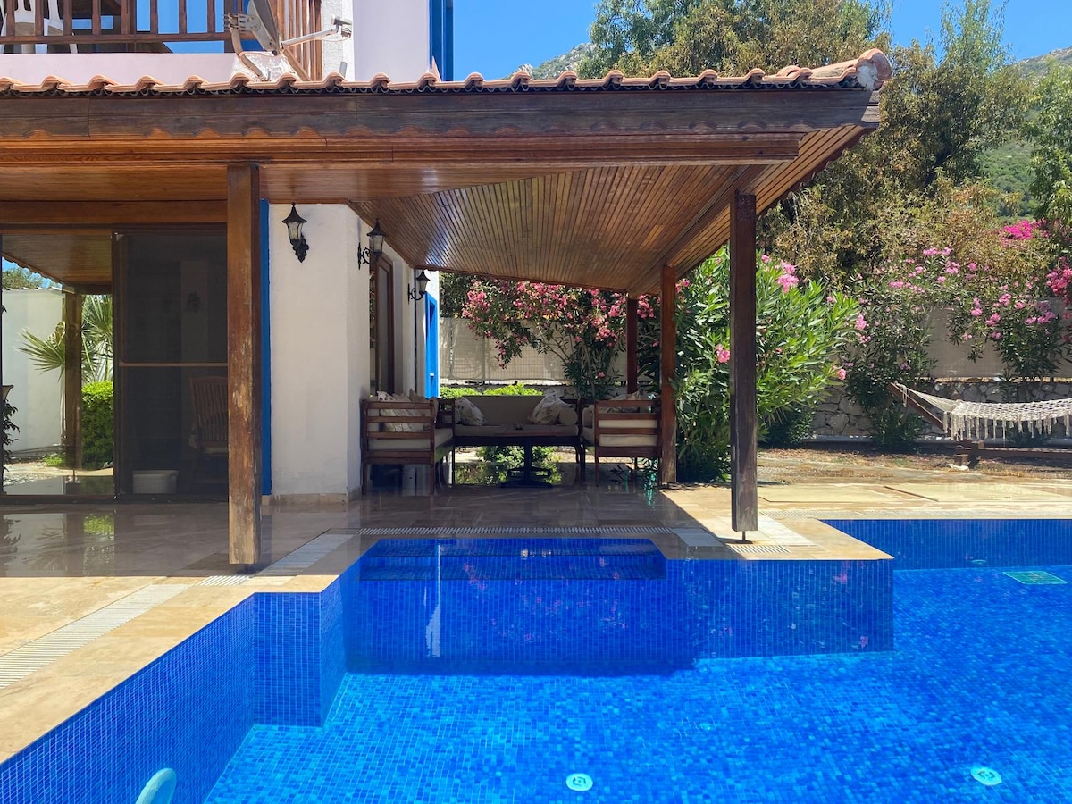 A serene outdoor area features a shaded wooden terrace adjacent to a sparkling blue pool. This space is surrounded by blooming greenery, providing a peaceful setting. Comfortable seating is visible under the terrace, inviting relaxation and leisure.