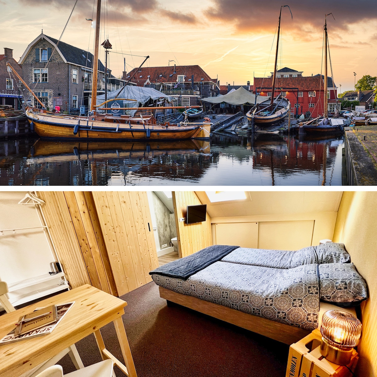 The top image captures a serene view of historic boats moored at the old harbor, with colorful buildings and a gentle sunset sky. The bottom image showcases a simple guest room featuring a spacious bed with patterned bedding, a wooden table, and a lamp. Natural light brightens the interior.