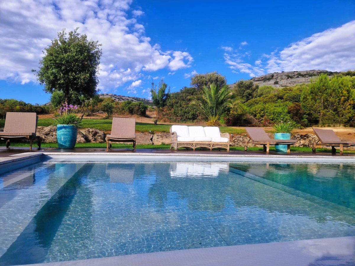 A serene outdoor pool area is framed by lush greenery and striking rock formations. Sun loungers positioned on either side invite relaxation, while vibrant potted plants add a touch of color. A spacious seating area can be seen near the pool, enhancing the tranquil environment.