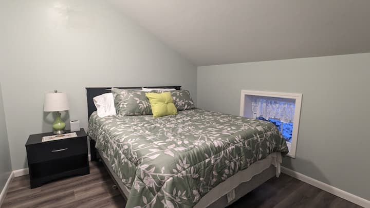 Chumba cha kulala chenye kitanda kimoja cha Queen, stendi ya usiku, kabati la kujipambia na kioo cha urefu kamili.