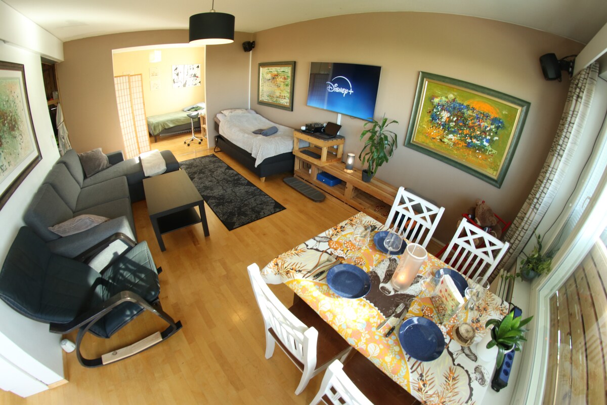 Obývacia izba je vybavená útulnou tmavou pohovkou, ktorá sa mení na posteľ pre dvoch, spolu s elektrickou nastaviteľnou posteľou pre jedného. Priestranná kuchyňa je ideálna na večerné stretnutia s posedením pre štyroch alebo až šesť osôb s dodatočným stolom. 