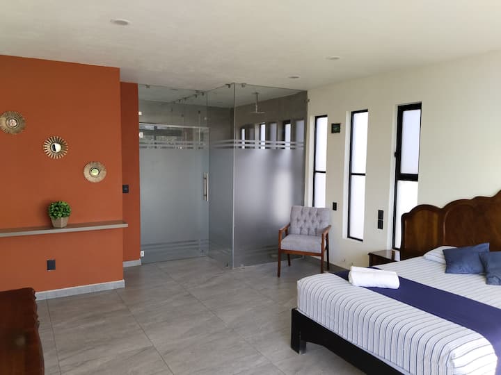 Master bedroom with queen size bed, walk-in closet and large full bathroom