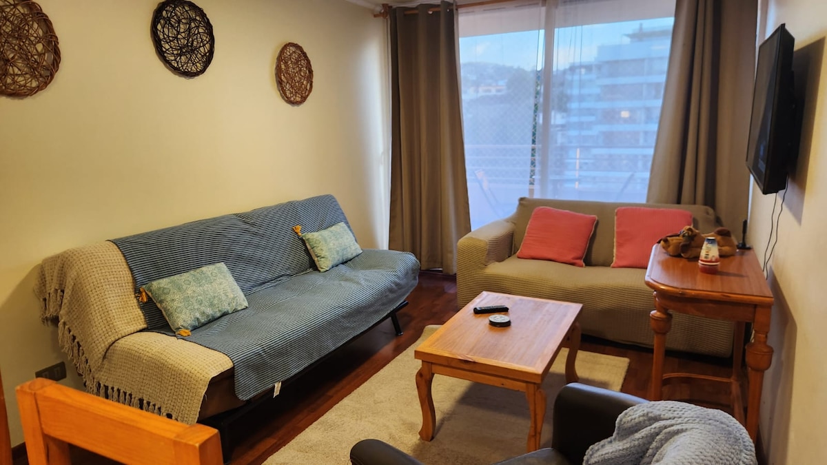 A cozy living area is furnished with a comfortable sofa bed draped in a blue throw and a second sofa adorned with pink cushions. A wooden table is positioned between the seating, with a television mounted on the wall. Natural light filters through sheer curtains.