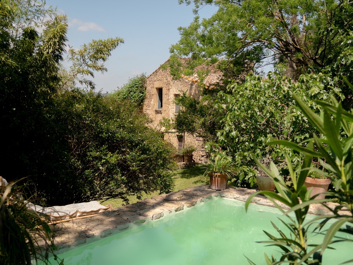 A serene outdoor space showcases a small pool surrounded by lush greenery. The original stone structure of the farmhouse is visible in the background, with trees and shrubs providing privacy and a natural setting.