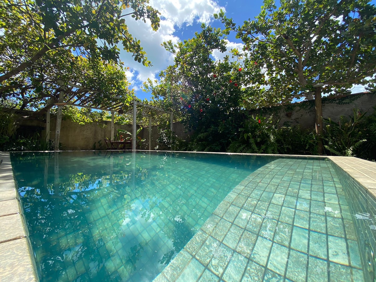 A tranquil swimming pool is surrounded by lush greenery, featuring a mosaic tile design. Sunlight reflects off the water's surface, creating a serene atmosphere. Dense foliage from nearby trees adds privacy, enhancing the sense of relaxation in this outdoor space.