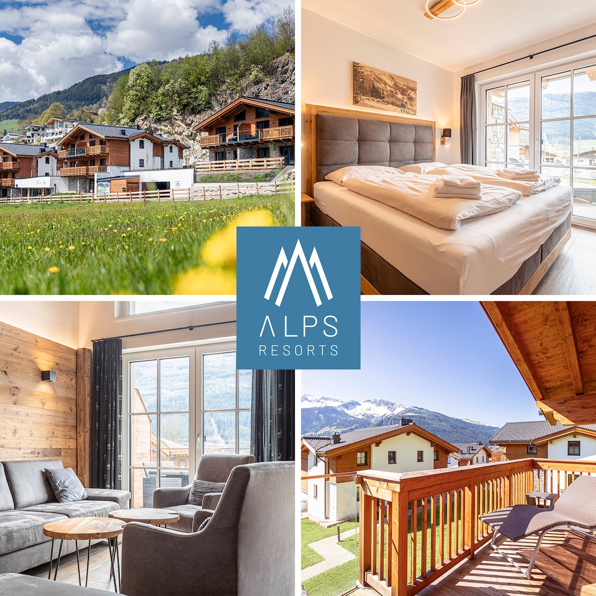 The image displays a serene natural setting with lodges nestled in the greenery, surrounded by mountains. The interior features a cozy bedroom with a comfortable bed, and a living area equipped with seating arrangements. A balcony offers scenic views of the surrounding landscape.