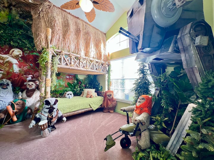 Star Wars Ewok Bedroom with Life-sized Ewoks and 10 ft. Imperial Walker!  This adorable bunk hut sleeps two.  Your Jedi of all ages and sizes will love the Cosplay-quality Star Wars costumes and helmets!  Let the battle against the Dark side begin!