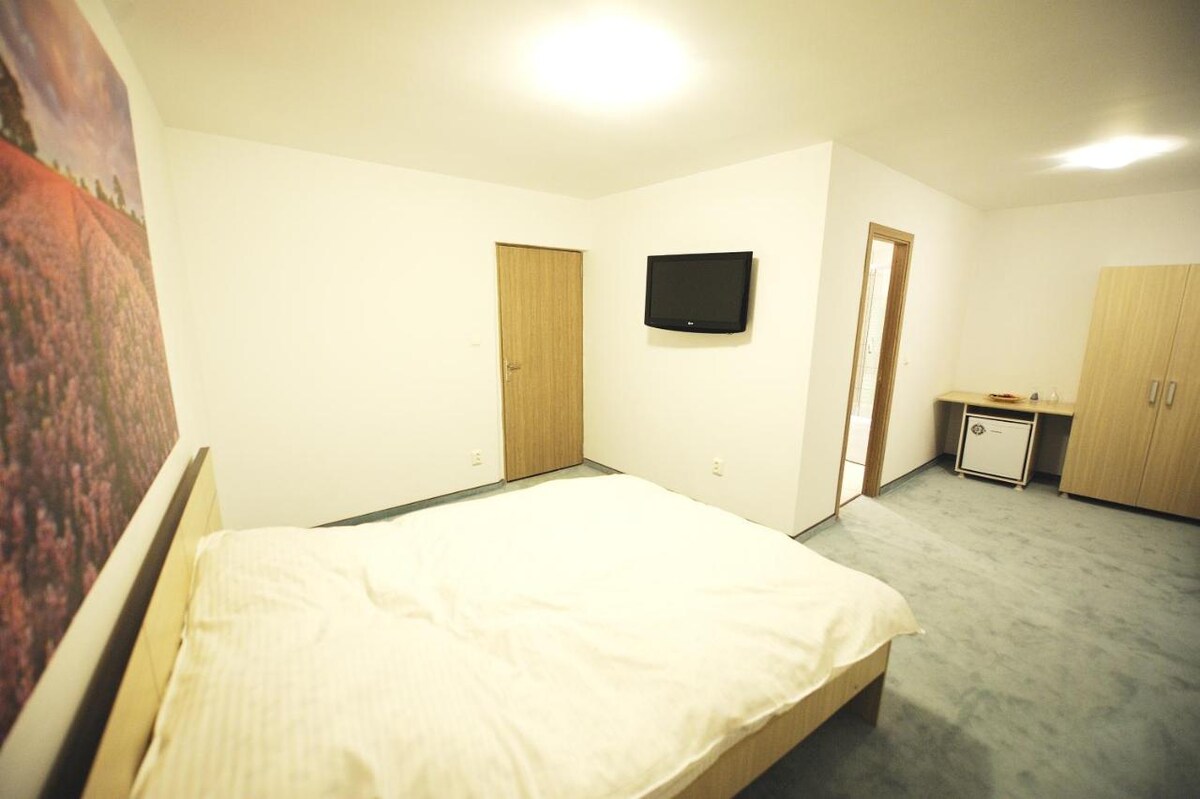 A simple bedroom features a spacious bed with white bedding. A wall-mounted television is positioned across from the bed. Light-colored wood furniture includes a desk and storage cabinet, while the room is brightened by a soft overhead light.