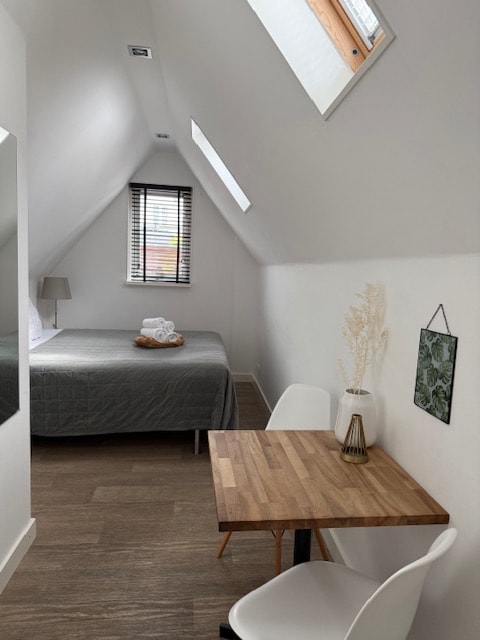 A bright sleeping area features a spacious bed covered with a textured grey blanket. Natural light enters through two skylights, while a small wooden table and two white chairs provide a functional nook. A decorative wall hanging adds a touch of character.