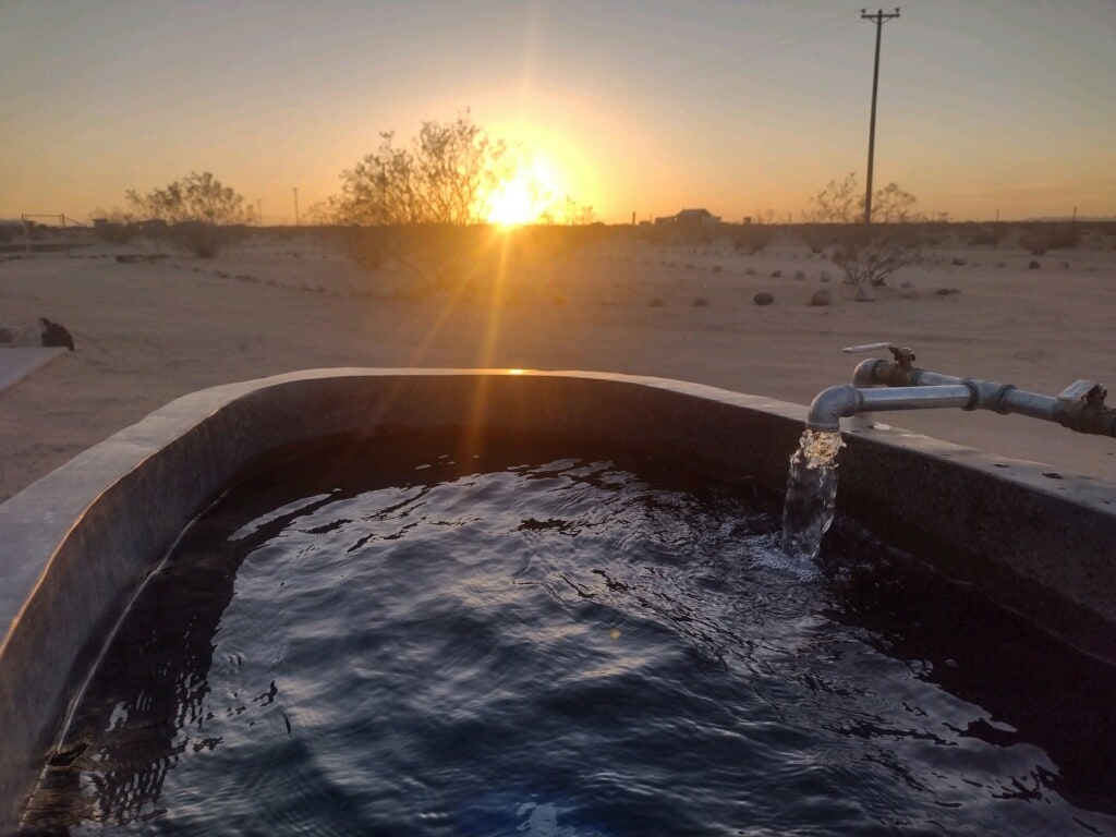 A large granite tub is positioned outdoors, with water gently flowing from a spout. The tub reflects the warm colors of the sunset, casting a serene atmosphere over the desert landscape. Sparse vegetation surrounds the area, enhancing the sense of tranquility.