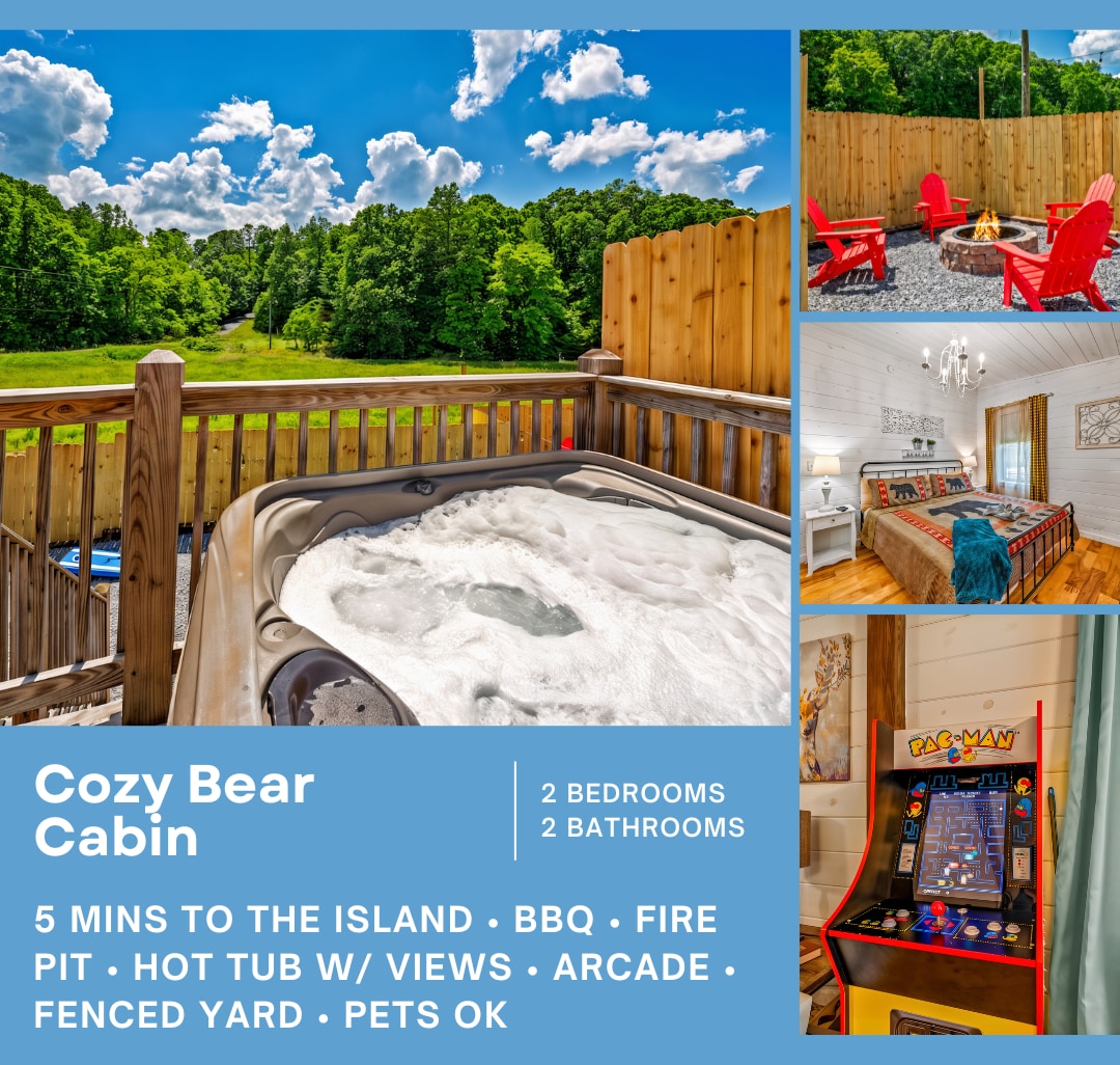 The image shows a collage featuring a hot tub with bubbly water and a fire pit surrounded by chairs in a fenced yard. A cozy bedroom with a spacious bed and bright decor is visible. An arcade game stand offers entertainment options, set against a backdrop of lush greenery.