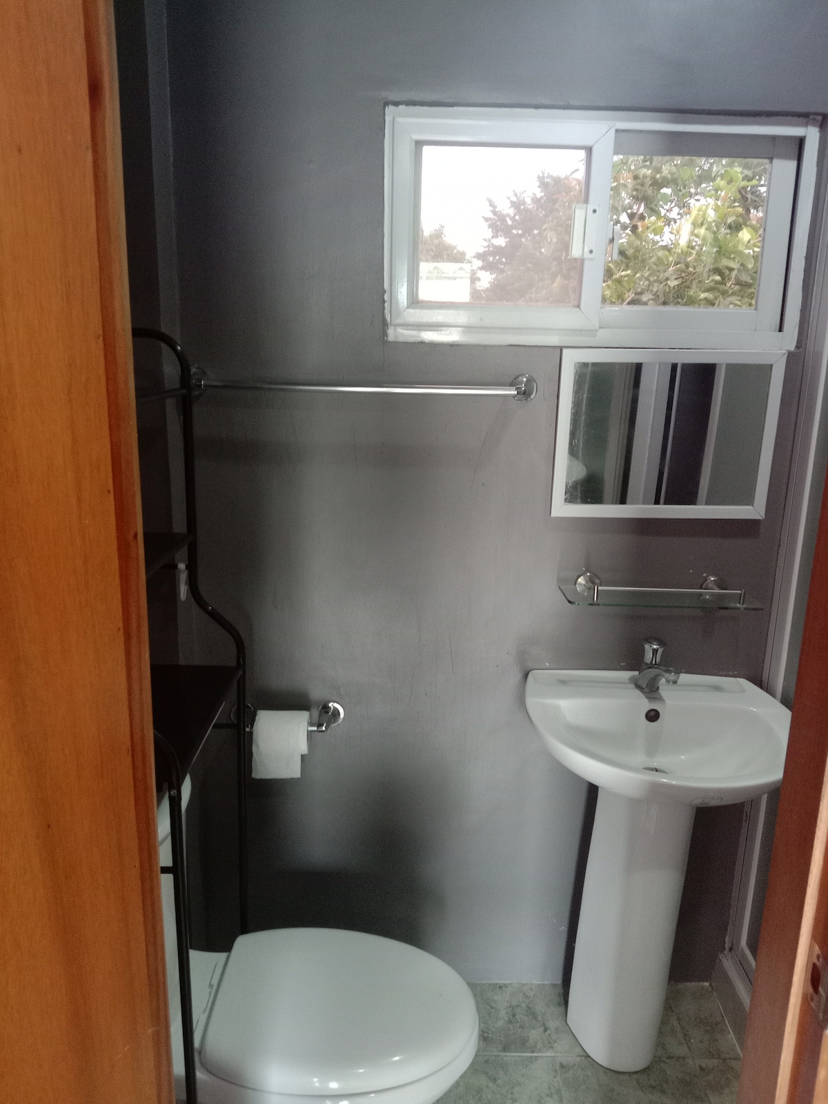 A compact bathroom is depicted, featuring a toilet, a pedestal sink, and a small mirror. A window allows natural light to enter, showcasing the room's neutral grey walls. A towel rack is mounted on the wall, complementing the essential facilities.
