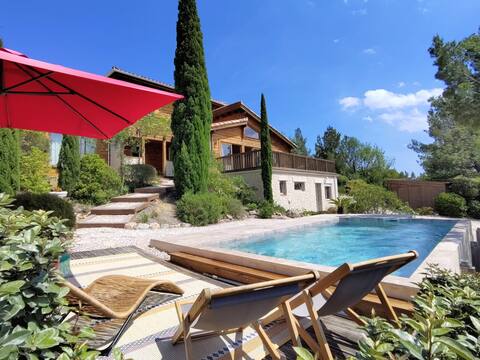 Beautiful wooden house with a pool