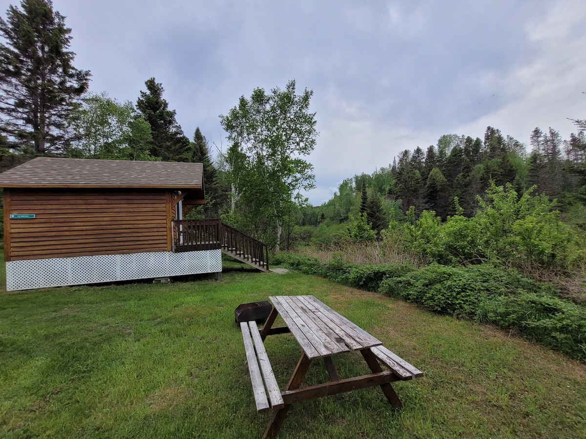 A rustic micro-chalet is positioned near a green lawn, showcasing a wooden picnic table and a fire pit. Lush trees and foliage surround the area, creating a serene, natural environment. The chalet features a deck accessed by a few steps leading to the entrance.