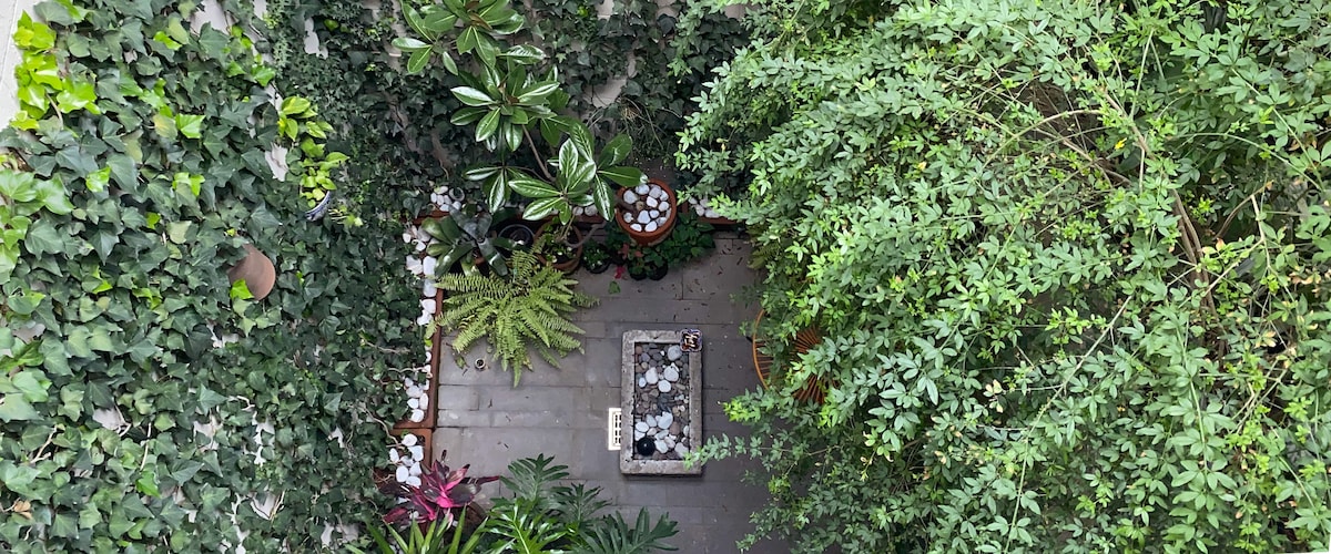 A private terrace is surrounded by lush greenery, featuring various plants and potted arrangements. A stone table is positioned at the center, complemented by a selection of smooth stones. The space offers a serene retreat with abundant foliage for relaxation.