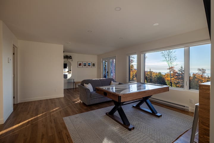Family room with air hockey table, TV and PS4 console.