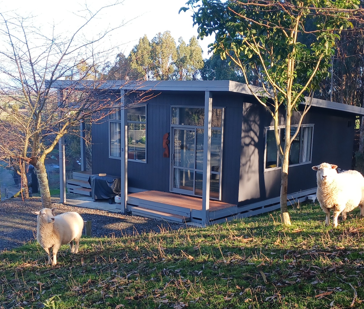 A modern cabin sits on a hillside, surrounded by established trees and grazing sheep. The exterior features large windows and a wooden deck, allowing natural light to fill the space. A tranquil rural landscape is visible in the background.