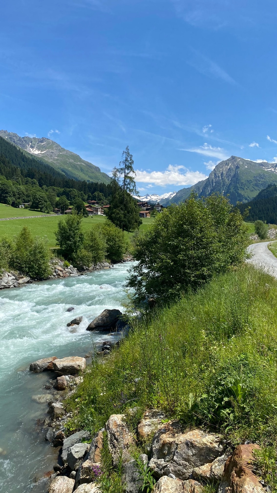A scenic view of a flowing river lined with lush greenery, flanked by mountains in the background. The sun illuminates the landscape, highlighting the varying shades of green and the clear blue sky.