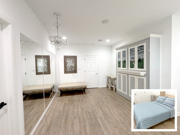Large hall can be converted into bedroom using hiddeb queen bed for larger families