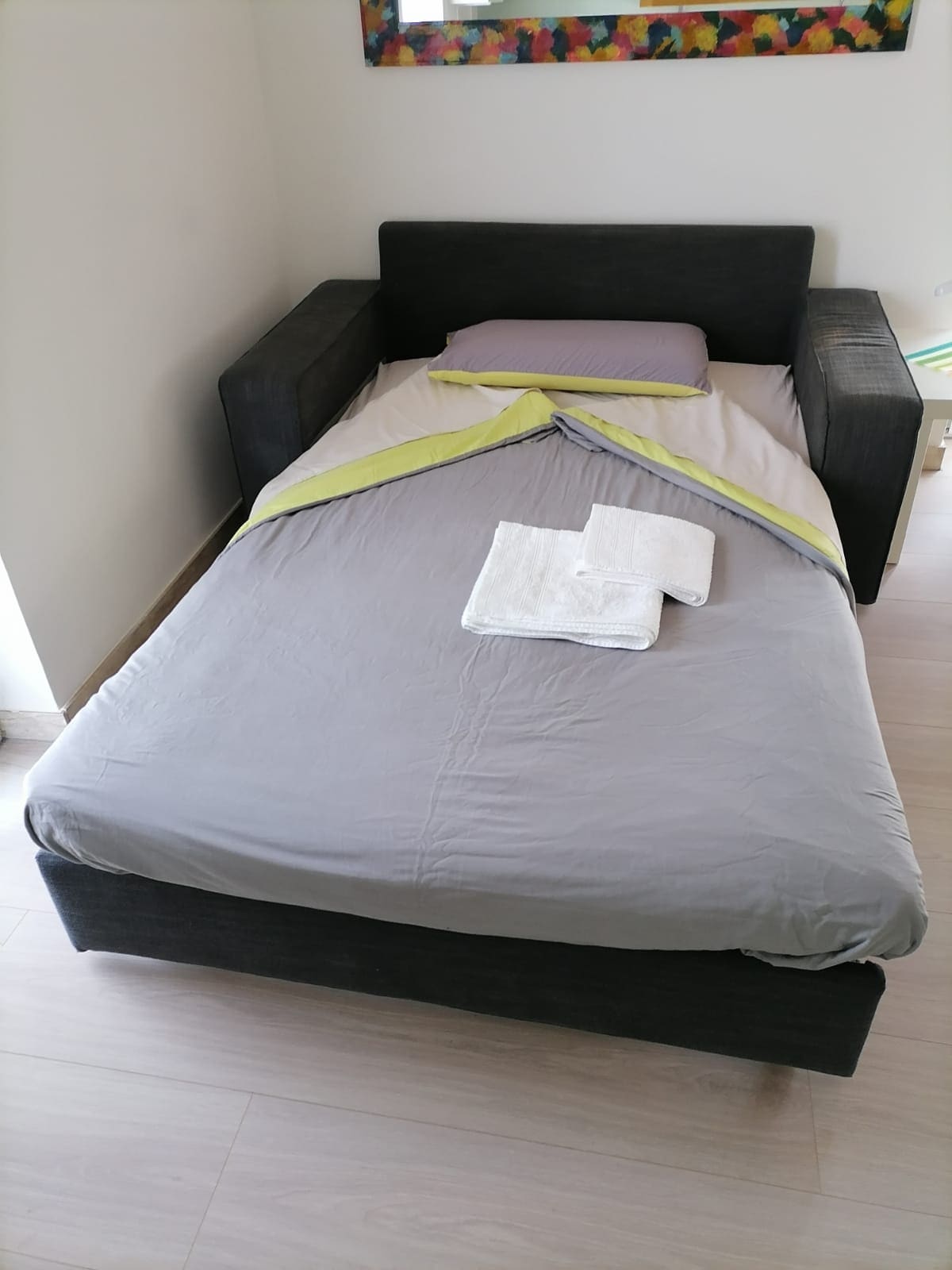 غرفة النوم الثانية (المصنوعة عن طريق فتح سرير الأريكة في منطقة المعيشة) مفصولة بباب عن الغرف الأخرى ومجهزة بمكيف هواء ووسادة ميموري فوم وطاولة جانبية مريحة مع ضوء مجاملة