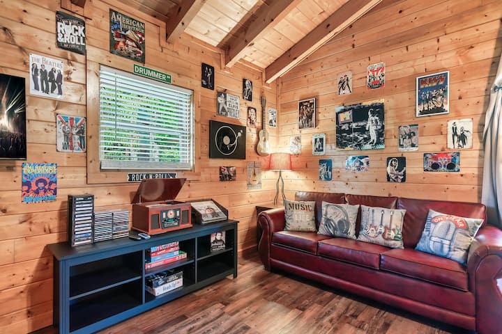 Victrola music player, CD's, albums, cassettes, board games, and queen size sleeper sofa in the music-themed loft