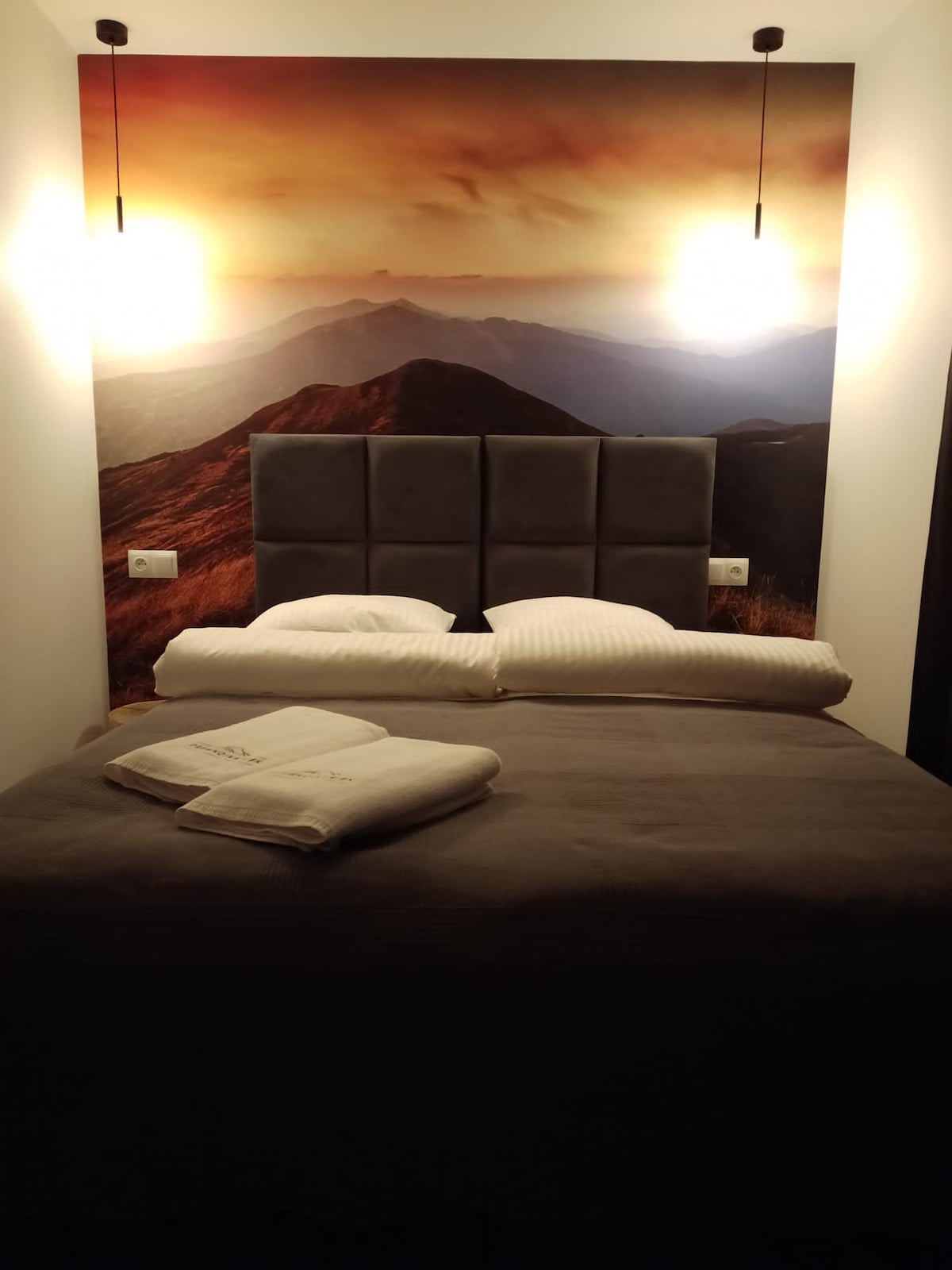 A compact bedroom features a dark, upholstered headboard against a large mural of mountains at sunset. The spacious bed is dressed with neutral linens and two pillows, with soft lighting provided by fixtures mounted on either side of the artwork.