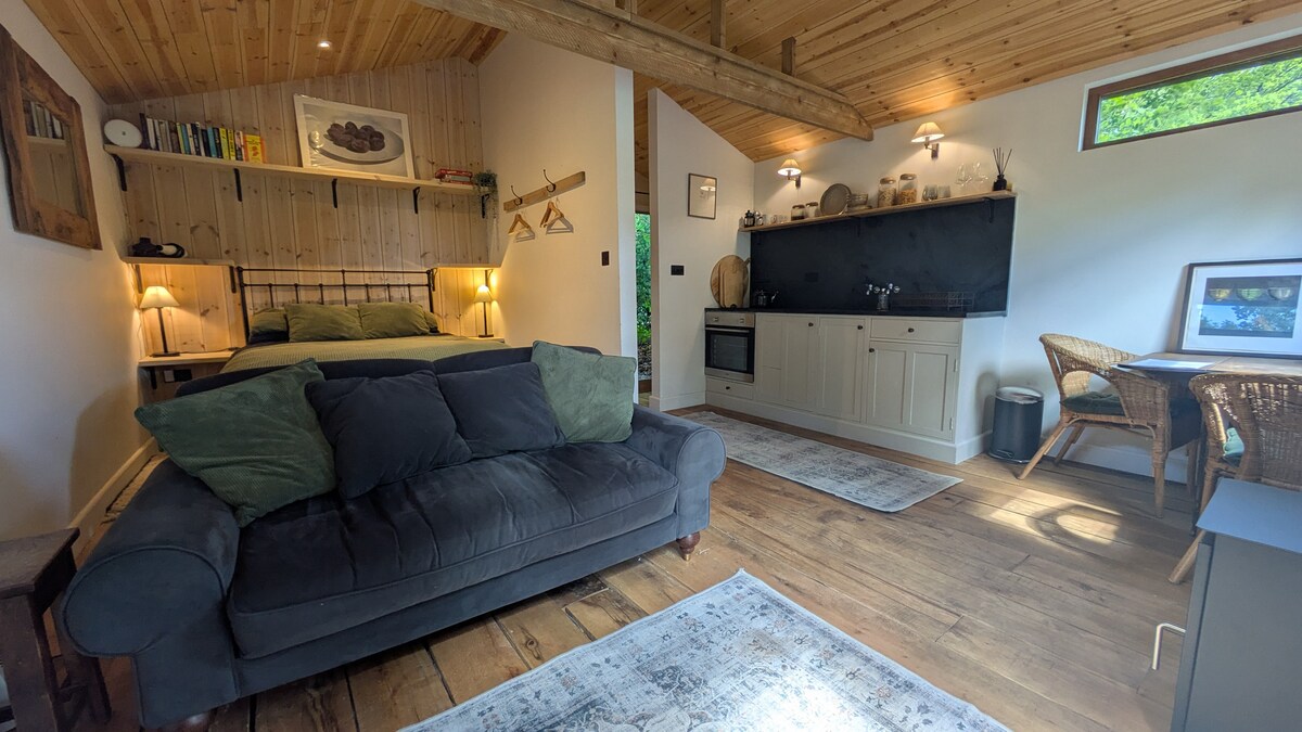 An open-plan lodge features a cozy seating area with a dark sofa adorned with green cushions, set on wooden flooring. A well-equipped kitchen with light cabinets is visible, alongside a dining table with wicker chairs. Natural light streams through large windows, highlighting the wooden ceiling.