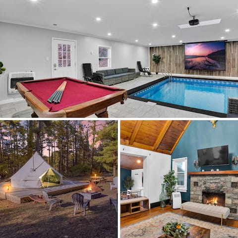 *Stone Cabin Indoor Heated POOL W/ TENT + Firepit