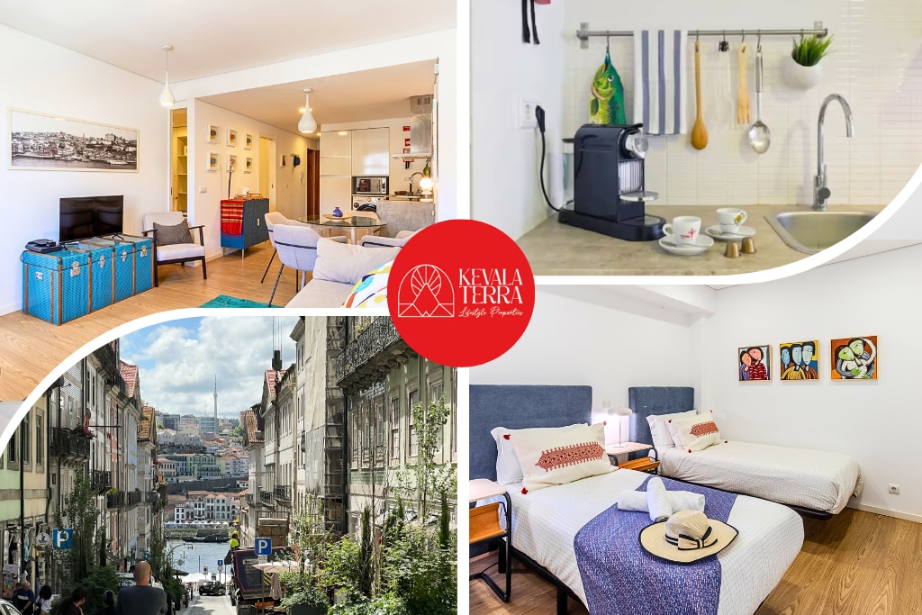 The living area showcases a spacious layout with comfortable seating, a television, and blue luggage placed against a light-colored wall. The kitchen features modern fixtures, including a coffee maker and hanging utensils, offering convenience and functionality.