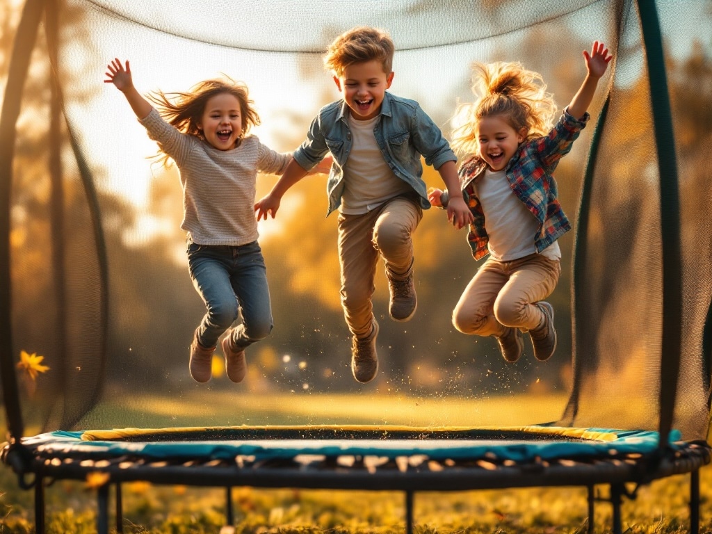 Three children are captured mid-air while jumping on a trampoline. The scene is set outdoors, surrounded by greenery, with soft sunlight creating a warm atmosphere. The joyful activity showcases the trampoline's safety net and vibrant mat, emphasizing a playful environment.