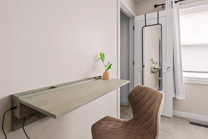 W.F.A = work from anywhere! With a dedicated work space that folds into the wall, you can easily get in and out of work mode without skipping a beat.