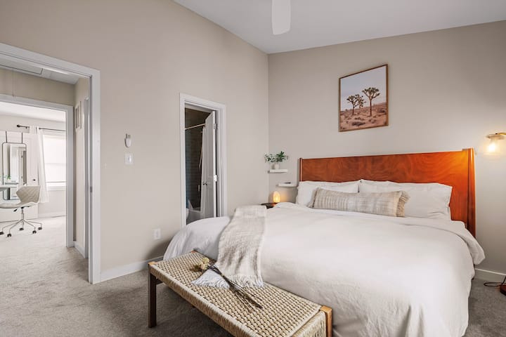 Main bedroom has a king bed, ceiling fan and oversized closets. Direct access to the upstairs full bathroom.